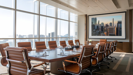 Corporate boardroom filled with serious executives discussing strategic plans. Focus on teamwork, decision-making, and corporate growth.