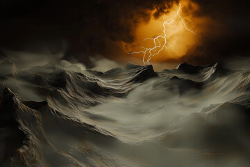 Lightning strikes over a dramatic mountain range