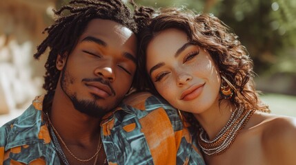 Obraz premium Two smiling people enjoy a happy moment in a colorful setting
