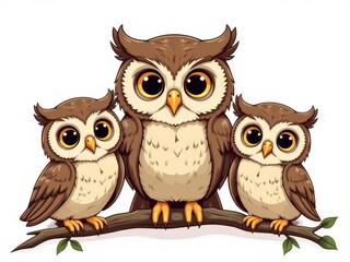 Adorable Cartoon Owl Family Perched on Branch Cute Bird Trio Illustration