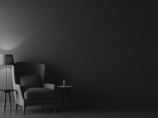 Fototapeta premium Dark room with armchair, side table, and floor lamp.