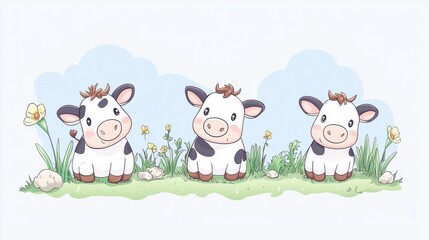 Obraz premium Cute cartoon cow clipart in pastoral farm scene design