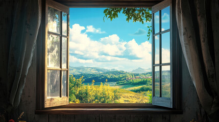 Fototapeta premium Beautiful Wood window views mountain view nature landscape scene scenery wallpaper backdrop