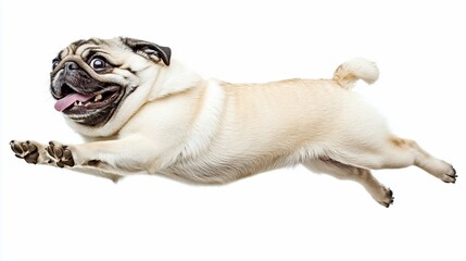 Obraz premium Happy pug dog leaping in mid-air, isolated on white background.