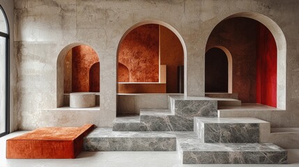 Modern architectural space with red arches and minimalist design