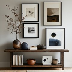 Minimalist home decor with artwork, vases, and books on a rustic wooden console table.