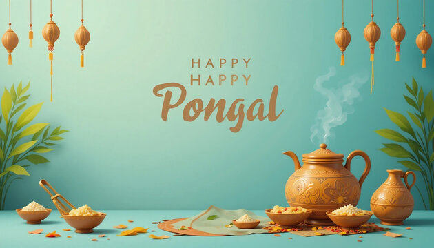 Happy Pongal Illustration Background with Traditional Pot and Festive Decorations