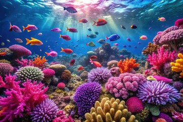 Fototapeta premium A vibrant coral reef teeming with colorful marine life in shades of pink, purple, blue, and green, with schools of fish swimming gracefully through the water, aquatic, underwater scene