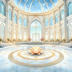 Obraz premium Radiant lotus blooming in a celestial temple, symbolizing happiness, spirituality, and life s ultimate purpose, divine 3D illustration
