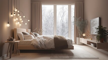Cozy Minimalist Bedroom Interior Design with Snow View String Lights and Wooden Bed