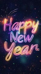 A cozy Happy New Year card with warm hues of orange brown and festive string lights