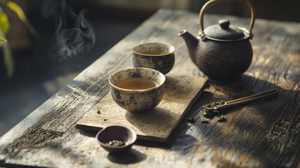 Tea ceremony with teapots and cups on a rustic wooden table