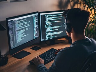Focused Software Developer Working on Dual Monitors in a Cozy Home Office Setting with Headphones, Coding on Innovative Projects at Night