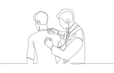 Continuous one line drawing of doctor using stethoscope to check lung function on back of patient, medical checkup, lung auscultation concept, single line art