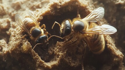 Fototapeta premium Two bees interact near their hive, showcasing their choreographed dance in nature's splendor