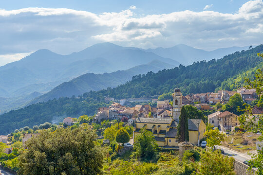 Landscape with Venaco village, Corsica island, France