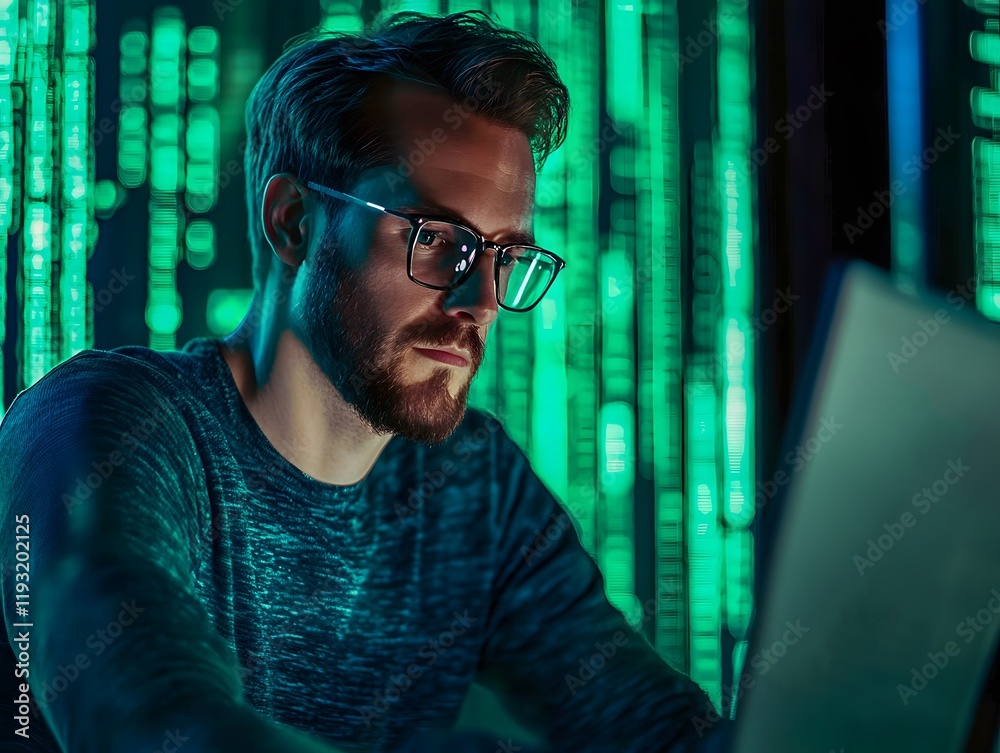 Poster a focused young man analyzing data on a laptop in a dark room with glowing green code in the backgro
