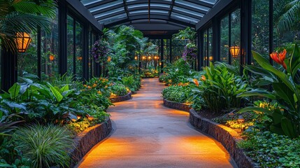 Serene Garden Pathway with Lanterns and Lush Greenery in a Glass Pavilion
