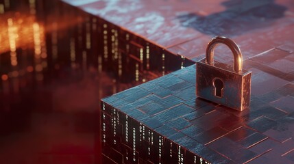 Digital composite of padlock and binary code against red and blue background.