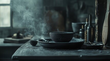 Rustic kitchen with steaming cookware and natural decor