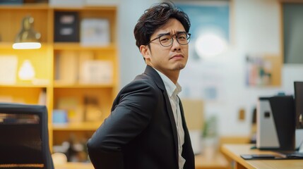 Fototapeta premium An Asian man wearing business attire, standing near a desk and holding his back with a pained expression.