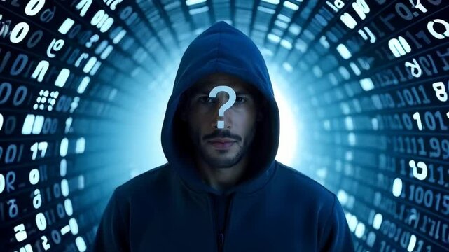 Hooded hacker in a tunnel of white binary code