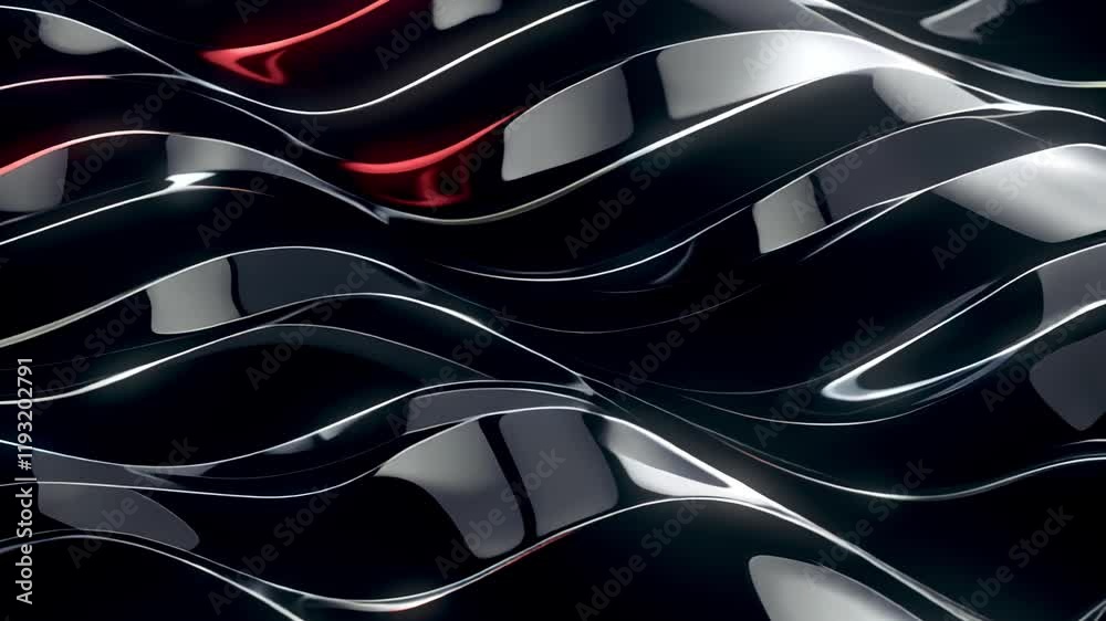 Aufkleber Animation of abstract black waves with a glossy surface flowing within the frame. The red lines between the waves add rhythm and mystery to the motion