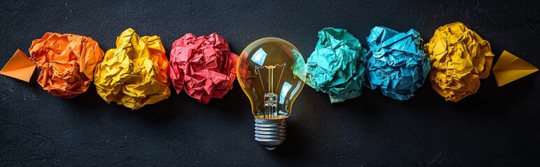 Innovative education concept. Creative idea visualization. Light bulb floating atop blackboard