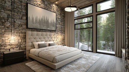 Luxurious Mountain Cabin Bedroom Interior Design with Stone Wall and Large Windows