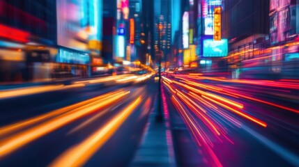 Motion blurred image of a city street at night with light streaks and colorful building lights