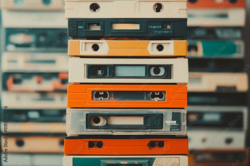 Poster A minimalist representation of a stack of VHS tapes, with simple bold shapes and muted colors evoking nostalgia