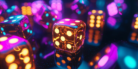 Colorful Neon Dice with Bright Lights and Glowing Effects on Dark Background for Vibrant Game Night Atmosphere