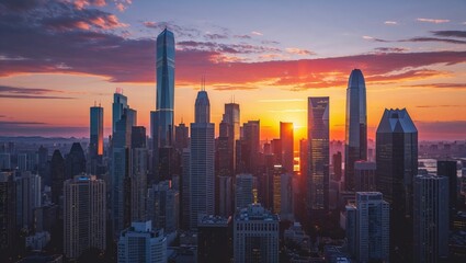 Fototapeta premium Stunning silhouettes at sunset featuring a majestic urban skyline with buildings and vibrant colors