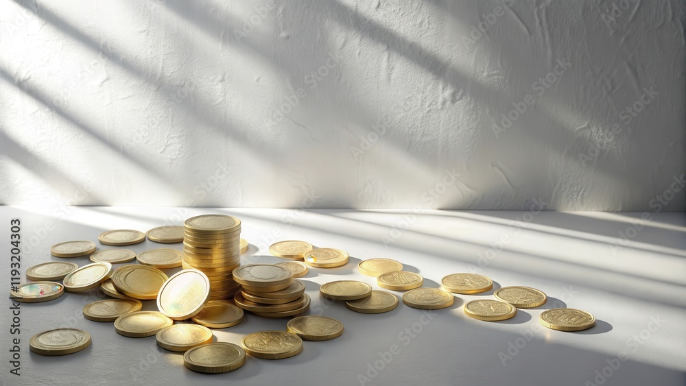 Aufkleber golden coins scattered on a table, illuminated by sunlight streaming through a window, symbolizing w