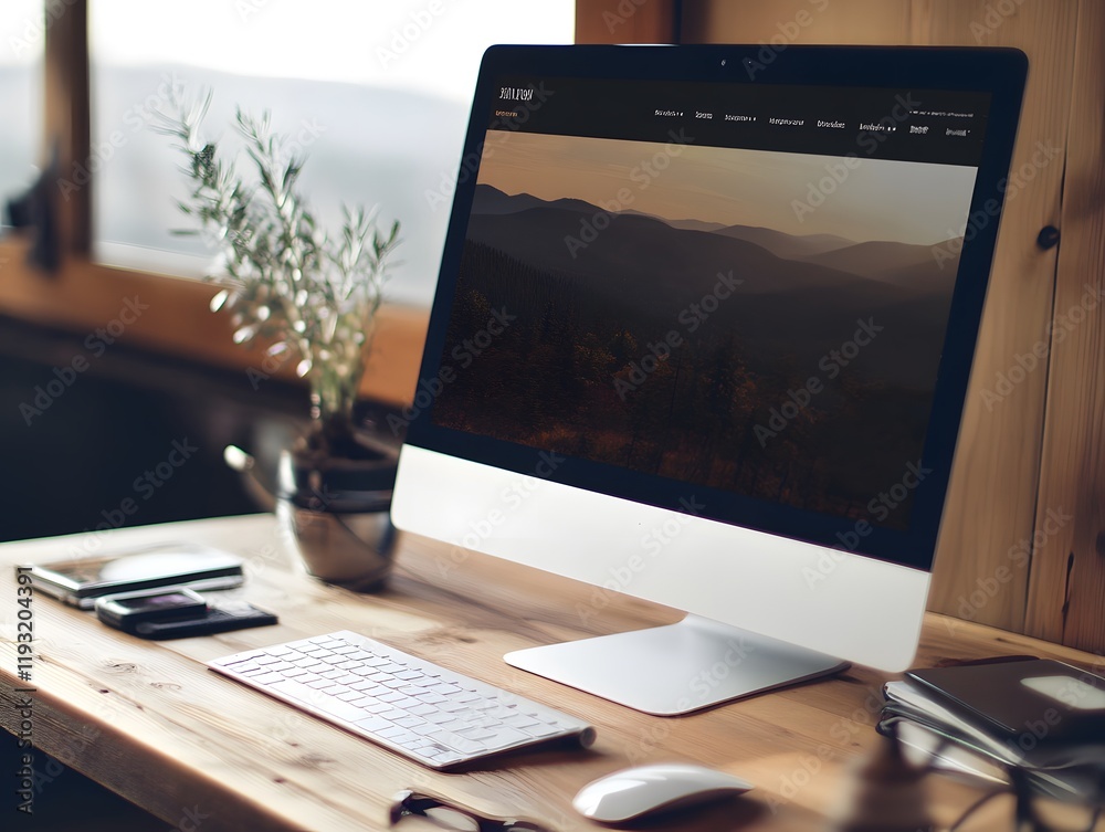 Poster Modern Workspace with Computer on Wooden Desk Surrounded by Nature, Featuring Scenic View of Mountains and Greenery in a Cozy Home Environment