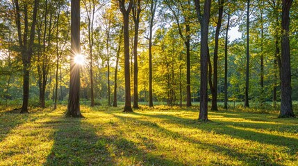 Obraz premium A backlit forest scene with rays of sunlight creating ethereal streaks through the trees.