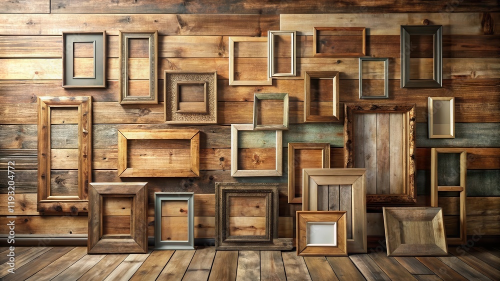 Aufkleber Rustic Wooden Frames Adorn a Weathered Wall, Creating a Gallery of Empty Spaces Ready for Memories