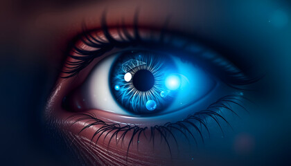 Fototapeta premium beautiful blue eye with planets like astrology and planet concept, universe and space, galaxy and astronomy, Backlit, with white tones