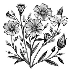 Detailed grayscale botanical illustration of flax flowers and buds in varying stages of bloom with white background