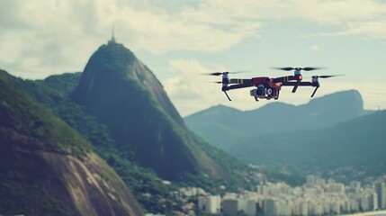 Fototapeta na wymiar The advanced camera of a modern drone vividly captures the beauty of a coastal city at sunset, presenting remarkable aerial footage