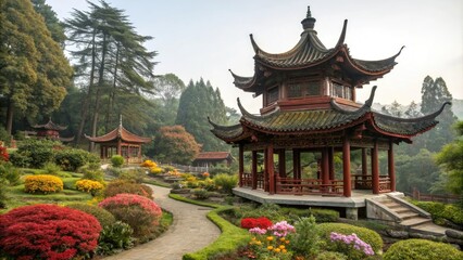 A stunning garden featuring an intricately designed pagoda with curved roofs and ornate details, set against a backdrop of vibrant flora and towering trees, lush, greenery, flowers, nature