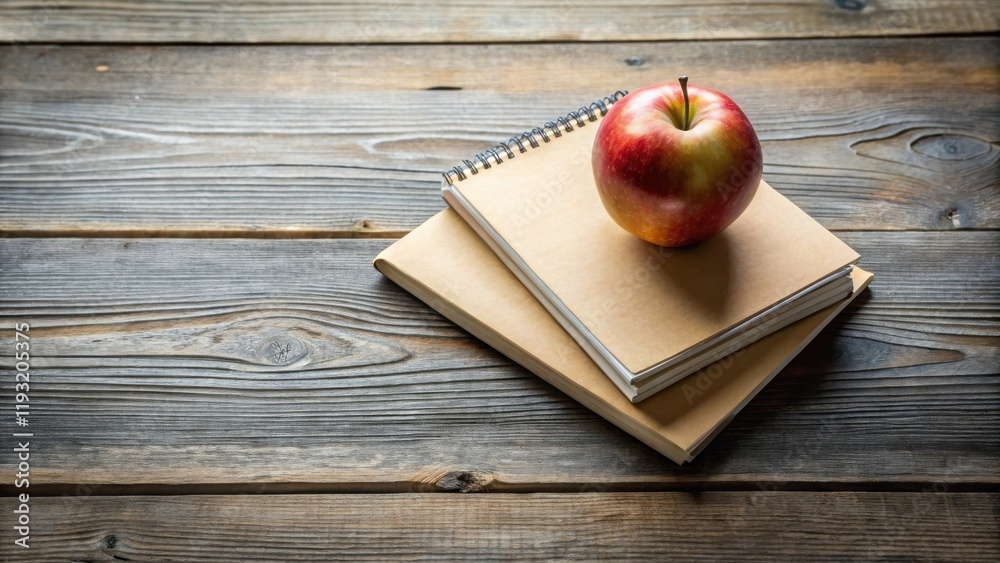 Leinwandbilder a ripe red apple rests atop a stack of notebooks on a rustic wooden surface