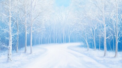 Obraz premium Snow-covered road through a frosty blue-tinted forest