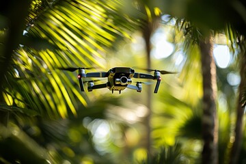 Highly advanced drone technology records aerial videos in a thriving tropical rainforest, enhancing conservation efforts