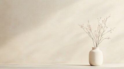 Minimalist beige wall background with dried flowers in a ceramic vase. © musa