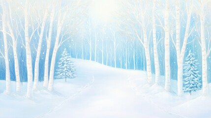 Obraz premium A snowy path through a tranquil, frost-covered forest under a bright, hazy light