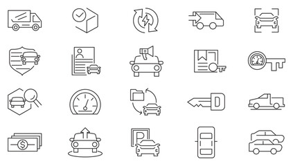 Car dealer, Vehicle and automobile line icon set. stats comparison, dealerships, vehicle, auto, car part, showroom, automobile industry, car service, warranty line icon set. Ui thin line icon pack