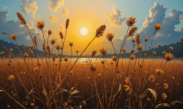 Golden hour illuminating wheat field with xyris flowers at sunset