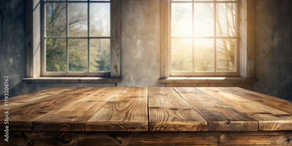 Poster Rustic Wooden Tabletop Display Against a Background of Two Windows with a Sunny View