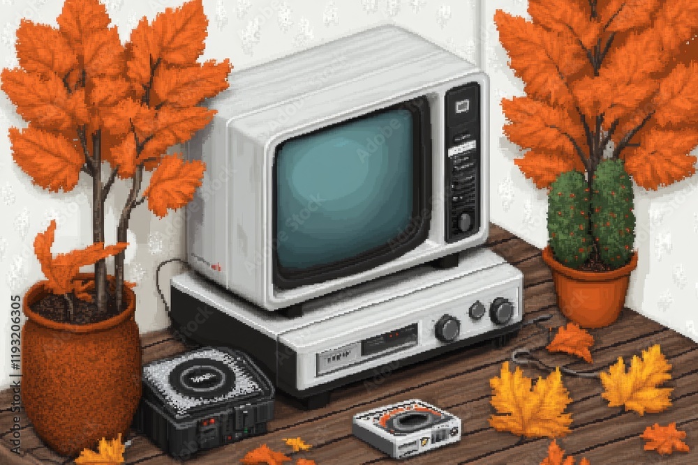 Poster a pixel art depiction of a cozy retro room with a vcr playing a movie on a crt tv, surrounded by tin